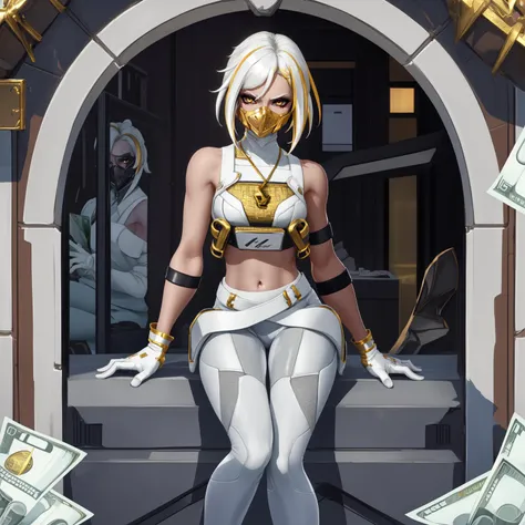 <lora:HushAllSkinsFortnite:0.8>, Whush:1.1, 1girl, solo, medium breasts,((white hair, multicolored hair, white gloves, streaked hair, blonde hair, gold mouth mask, grey armband, sitting on gold fancy car:1.5, gold Lamborghini, gold Ferrari, street, money, dollars, dollar bills)), short anime hair, yellow eyes, white gloves, white footwear, navel, bare shoulders, standing, sleeveless, Gold bars, gold accessories, luxurious cars, gold accents, white gloves, midriff, white belt, white pants, white crop top, white mask, white armband, dogtags, toned, golden city:1.5,
modern design,
cyber skyscrapers, fancy city street:1.5, rich city:1.3,
highest quality, high quality, (detailed face and eyes:1.1),
