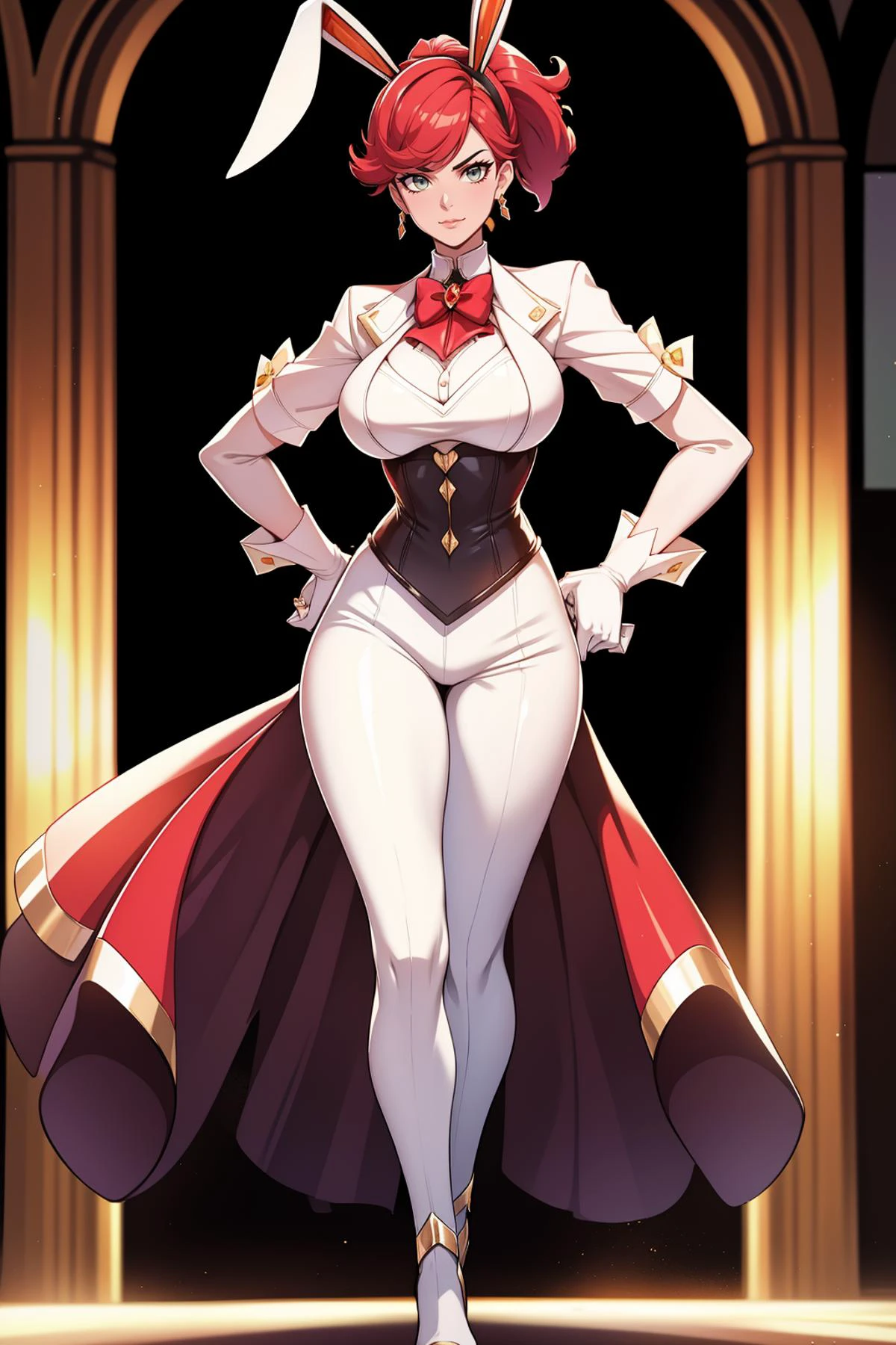 1girl, solo, front, beautiful woman, (eyeliner eyeshadow), standing, high quality, high detail, best quality, highres, (grand hall), <lora:Char_aov-Amily:0.8> amily_goddess_of_luck, 1girl, solo, short hair, red hair, floating hair, hairband, black hairband, bow, beautiful, grey eyes, lips, medium breasts, closed mouth, breasts, gloves, animal ears, fake animal ears, rabbit ears, ponytail, gem, crystal, red gemstone, swept bangs (white gloves), standing, butler outfit, vest, tailcoat:1.2, elegant and sophisticated, Victorian era influence, tailored jacket, crisp white shirt, ascot, high-waisted trousers, polished leather boot heels, detailed embroidery, monochrome color palette, cinematic lighting 8k resolution,