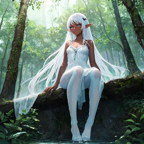 ((masterpiece, best quality)), sharp, in focus, detailed, 1girl, solo focus, shy, confused, (dark skin), elf, anime eyes, detailed yes, white hair, ((wet clothes)), sitting on river, looking at viewer, upper body, dress, negligee, white legwear, (forest:1.3), (from below), looking away, fine fabric emphasis, realistic, day, blu theme, hightly detailed background, Cinematic Lighting,