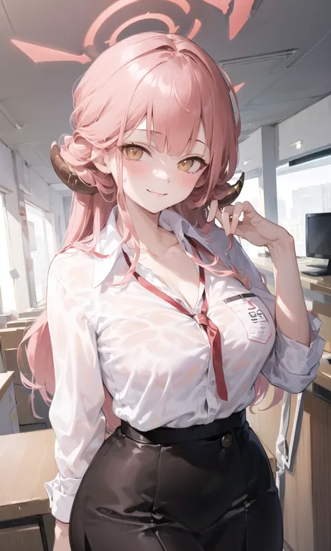 ((masterpiece, best quality)), (1girl),((mature female)), lightpink hair, halo, horn, ((office lady )),bangs,middle breast,(busty),slim,smile, [wide hips],office,standing, <lora:rikuhachimaAruBlueArchive_v10:1>,aru \(blue archive\),