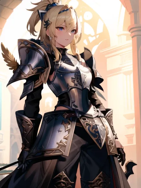 ((masterpiece, best quality, absurdres)), ((wearing armor)), ((disdain, athletic fit body, dutch angle, perfect body)), intricate detail, (1girl, solo, adventurer, long pants, thigh armor, harness, thigh strap, wavy short hair, blonde hair, standing, scar on face) , (paladin, full plate armor, intricate pattern on armor), cowboy shot, dignified, elegant, subsurface scattering, bokeh, depth of field, focus on character, skindentation BREAK cathedral background <lora:paladinFashion_v10:0.8>