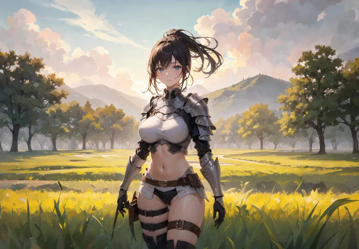 ((masterpiece, best quality)), (1girl), (solo), ((mature female)), big breast, ponytail, ((wearing armour)), beautiful detailed eyes, curvy, wide hips, thick thighs, thin waist, midriff, thigh strap, boots, outdoor, adventurer, knight, floating hair, meadow, sunlight, (dusk), cloudy sky,standing, vanishing point ,field, rural, rice paddy, looking at landscape, panorama, nature, medieval time, reflected light, ray tracing, delicate background, cowboy shot,