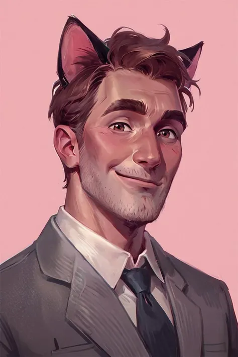 score_9, score_8_up, score_7_up, pinkdreamsstyle, concept art, digital art, realistic, 1boy, solo, male focus, mature male, short hair, brown hair, brown eyes, thick eyebrows, facial hair, stubble, formal, collared shirt, grey suit, looking at viewer, smile, upper body, smile, blush, cat ears, animal ears, pink background, simple background <lora:Spider-Man (Peter B. Parker) v1.1 SDXL_LoRA_Pony Diffusion V6 XL:0.7> <lora:Pink Dreams Style LoRA_Pony XL v6:0.7>