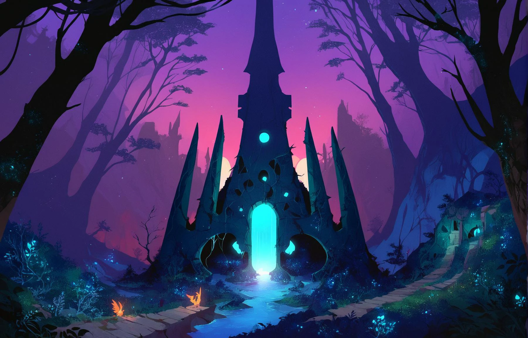 score_9, score_8_up, score_7_up, score_6_up, landscape, nightscape, no_people, BREAK,
((dense magical fantasy forest and ruins)),
((ruins with a tower)), leafy trees, blue flowers, stream with glowing water, (night), (dark theme, low light), moody lighting, shadows,
<lora:f3nn3rXLP:0.5>, f3nn3r, <lora:Blue Water Style LoRA_Pony XL v6:0.4>, <lora:Bleedman:0.3>, <lora:bobtheneet XL:0.3>
