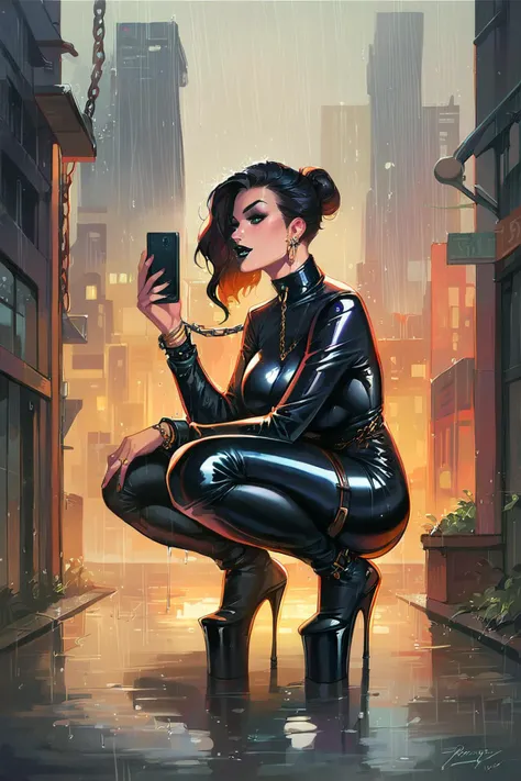 score_9, score_8_up, score_7_up, shiny skin, 
city, cell phone, latex, raining, black lipstick, squatting, chains, buckles, gold, jewelry,
<lora:add-detail-xl:3>, <lora:Blue Water Style LoRA_Pony XL v6:1>