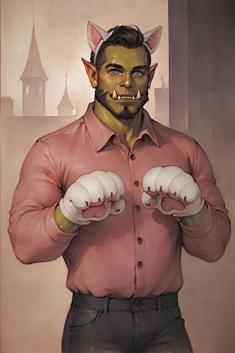 score_9, score_8_up, score_7_up, rating_safe, traditional media, realistic, orc, green skin, tusks, facial hair, beard, mustache, black hair, blue eyes, pink shirt, collared shirt, long sleeves, black pants, muscular, 1boy, solo, male focus, mature male, fake animal ears, animal ears, cat ears, white cat ears, paw gloves, white paw gloves, cat paws, paw pose, smile, looking at viewer, cowboy shot, standing, outdoors, city, building <lora:OIS Red Lion Style LoRA_Pony XL v6 ALT:0.7>