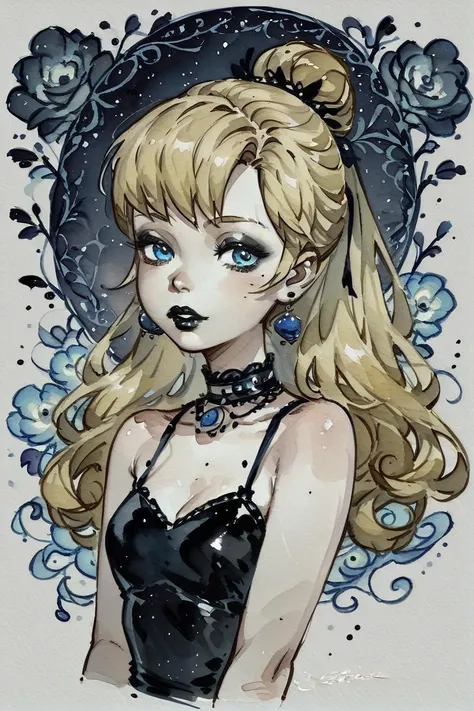 score_9, score_8_up, score_7_up,
1girl, solo, dark colors, dark theme, tinkerbell, blonde hair, blue eyes, goth girl, black lips, black dress, sexy, ballroom,
 <lora:Tinkerbell_Modern_movies:1>
 <lora:Blue Water Style LoRA_Pony XL v6:0.6> bluewaterstyle, watercolor,