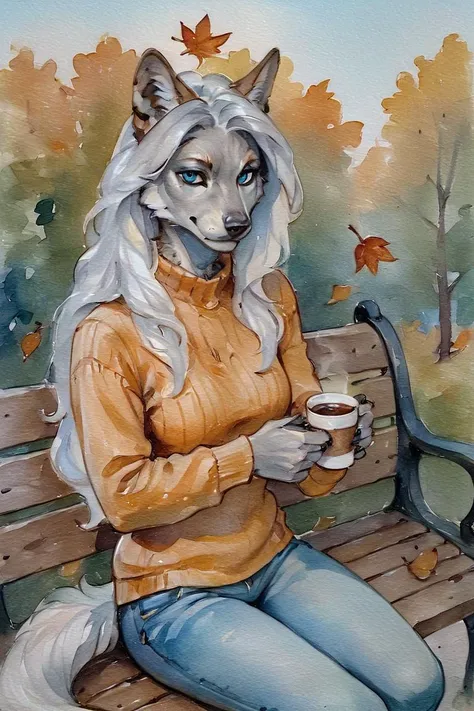 score_9, score_8_up, score_7_up, rating_safe, source_furry, traditional media, realistic, anthro, furry, werewolf, grey fur, long hair, white hair, blue eyes, orange sweater, long sleeves, blue jeans, holding cup, coffee cup, disposable cup, 1girl, solo, looking at viewer, cowboy shot, sitting, on bench, bench, outdoors, forest, autumn, falling leaves <lora:Blue Water Style LoRA_Pony XL v6 ALT:0.7>