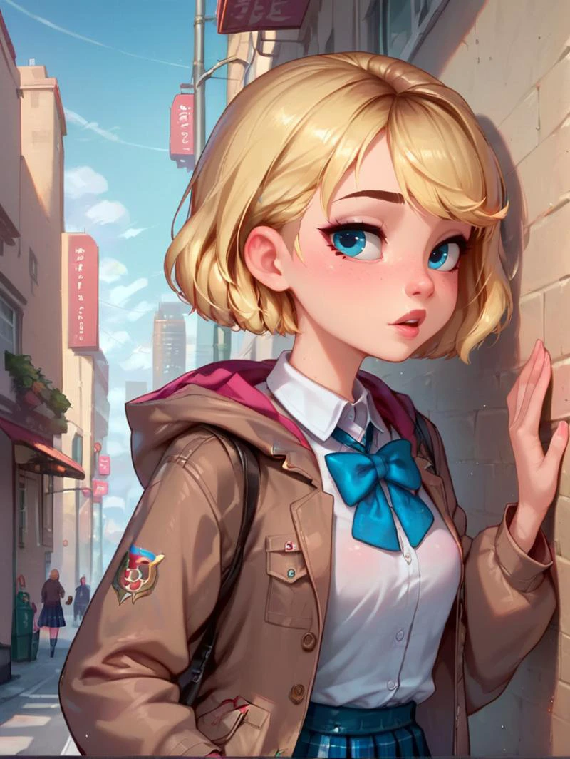 score_9, score_8_up, score_7_up,
1girl, solo, gwen stacey, blonde hair, blue eyes, petite, BREAK, wearing school uniform, brown jacket with hood, city street setting,
<lora:add_detail:1> <lora:Expressive_H:1> <lora:age_slider_v4:-2> <lora:princess_xl_v2:1> <lora:Blue Water Style LoRA_Pony XL v6:0.6> bluewaterstyle