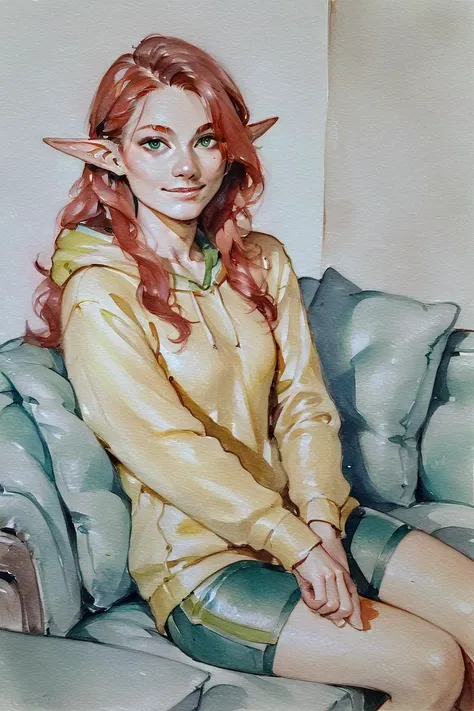 score_9, score_8_up, score_7_up, rating_safe, traditional media, realistic, elf, pointy ears, red hair, long hair, green eyes, yellow hoodie, bike shorts, smile, 1girl, solo, looking at viewer, cowboy shot, sitting, on couch, couch, indoors, living room <lora:Blue Water Style LoRA_Pony XL v6 ALT:0.7>