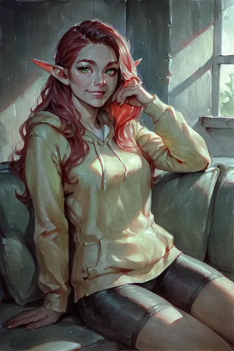 score_9, score_8_up, score_7_up, rating_safe, traditional media, realistic, elf, pointy ears, red hair, long hair, green eyes, yellow hoodie, bike shorts, smile, 1girl, solo, looking at viewer, cowboy shot, sitting, on couch, couch, indoors, living room <lora:Green Patina Style LoRA_Pony XL v6 ALT:0.7>