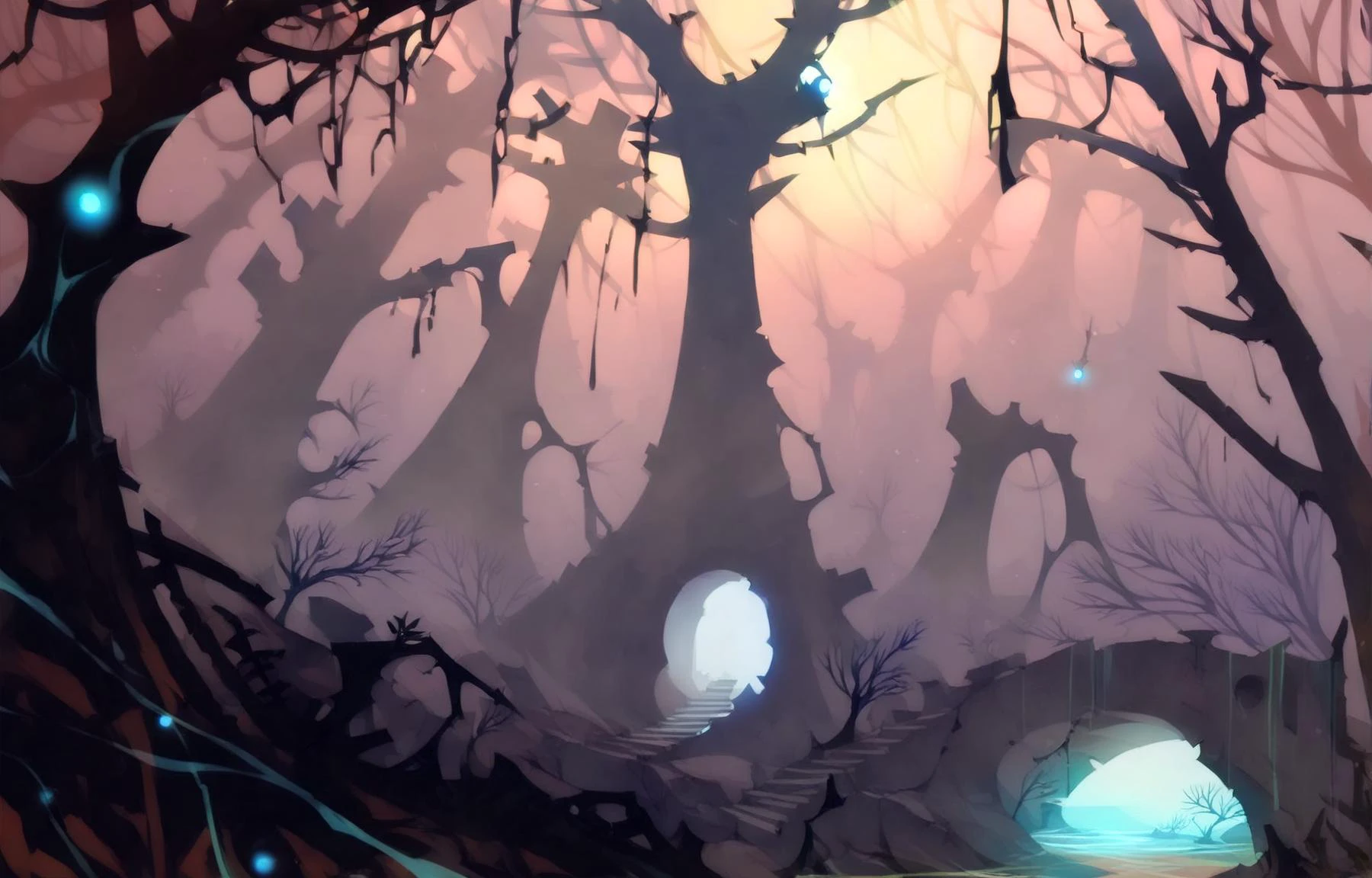 score_9, score_8_up, score_7_up, score_6_up, rating_safe, solo, landscape, medieval fantasy BREAK,
((magical fantasy forest and ruins:1.2) background),
ruins with a tower, trees, stream with glowing water, ((nighttime, dark)), moody lighting, shadows,
<lora:f3nn3rXLP:0.65>, <lora:Blue Water Style LoRA_Pony XL v6:0.35>, <lora:Bleedman:0.35>, <lora:bobtheneet XL:0.25>, <lora:ugly_style:-0.7>
