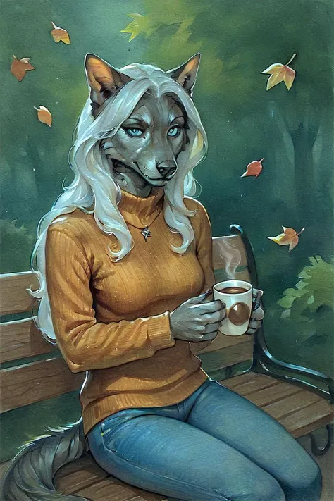 score_9, score_8_up, score_7_up, rating_safe, source_furry, traditional media, realistic, anthro, furry, werewolf, grey fur, long hair, white hair, blue eyes, orange sweater, long sleeves, blue jeans, holding cup, coffee cup, disposable cup, 1girl, solo, looking at viewer, cowboy shot, sitting, on bench, bench, outdoors, forest, autumn, falling leaves <lora:Turquoise Style LoRA_Pony XL v6 ALT:0.7>