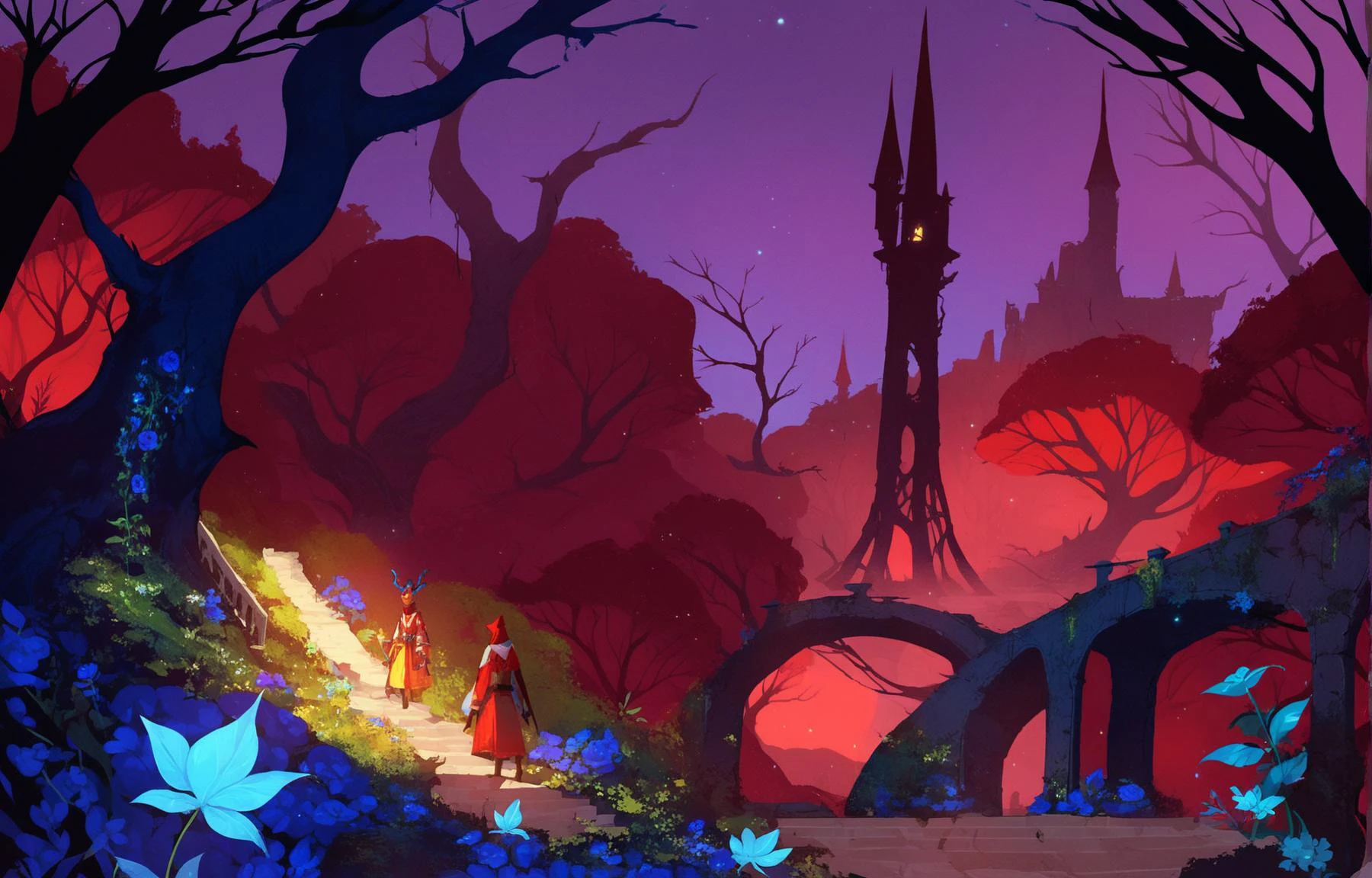 score_9, score_8_up, score_7_up, score_6_up, landscape, nightscape, medieval fantasy, no people, BREAK,
((dense magical fantasy forest and ruins)),
((ruins with a tower)), leafy trees, blue flowers, stream with glowing water, (night), (dark theme, low light), moody lighting, shadows,
<lora:f3nn3rXLP:0.5>, f3nn3r, <lora:Blue Water Style LoRA_Pony XL v6:0.4>, <lora:Bleedman:0.3>, <lora:bobtheneet XL:0.3>