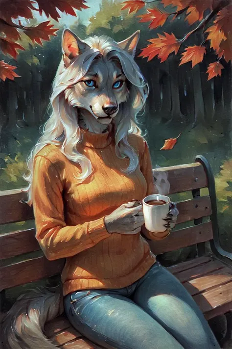 score_9, score_8_up, score_7_up, rating_safe, source_furry, traditional media, realistic, anthro, furry, werewolf, grey fur, long hair, white hair, blue eyes, orange sweater, long sleeves, blue jeans, holding cup, coffee cup, disposable cup, 1girl, solo, looking at viewer, cowboy shot, sitting, on bench, bench, outdoors, forest, autumn, falling leaves <lora:Green Patina Style LoRA_Pony XL v6 ALT:0.7>