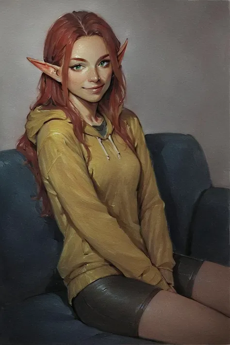 score_9, score_8_up, score_7_up, rating_safe, traditional media, realistic, elf, pointy ears, red hair, long hair, green eyes, yellow hoodie, bike shorts, smile, 1girl, solo, looking at viewer, cowboy shot, sitting, on couch, couch, indoors, living room <lora:Ð¡osmic Void Style LoRA_Pony XL v6 ALT:0.7>