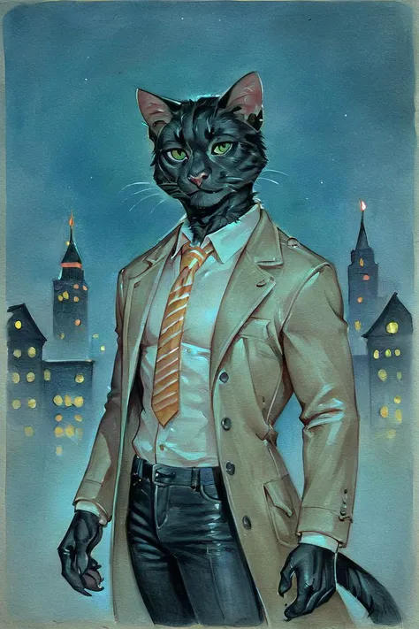 score_9, score_8_up, score_7_up, rating_safe, source_furry, traditional media, realistic, anthro, furry, black cat, cat, black fur, green eyes, white collared shirt, long sleeves, striped necktie, orange necktie, beige coat, black pants, muscular, 1boy, solo, male focus, mature male, looking at viewer, cowboy shot, standing, outdoors, city, building, night, night sky, dark background <lora:Turquoise Style LoRA_Pony XL v6 ALT:0.7>