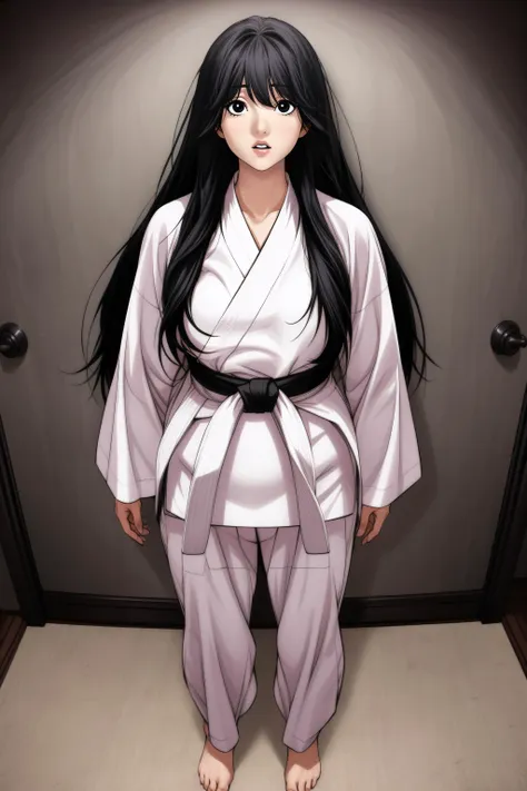 (masterpiece, best quality), <lora:kim sujin-lora-Faxtron:0.8> kim sujin, black eyes, black hair, long hair, medium breasts, white judogi, long sleeves, barefoot, standing, 
<lora:add_detail:0.8>