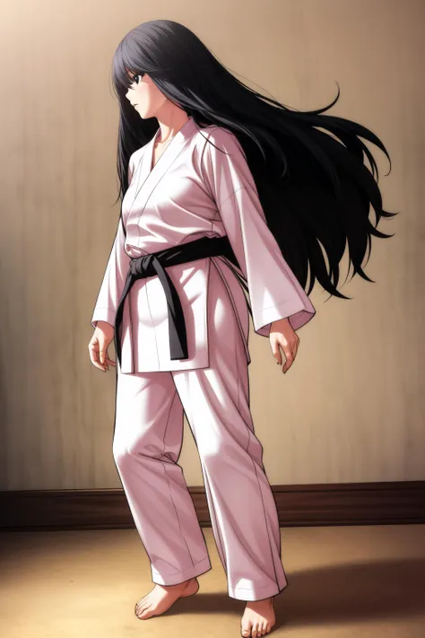 (masterpiece, best quality), <lora:kim sujin-lora-Faxtron:0.8> kim sujin, black eyes, black hair, long hair, medium breasts, white judogi, long sleeves, barefoot, standing, 
<lora:add_detail:0.8>