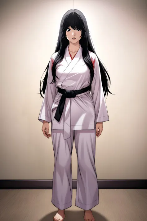 (masterpiece, best quality), <lora:kim sujin-lora-Faxtron:0.8> kim sujin, black eyes, black hair, long hair, medium breasts, white judogi, long sleeves, barefoot, standing, 
<lora:add_detail:0.8>