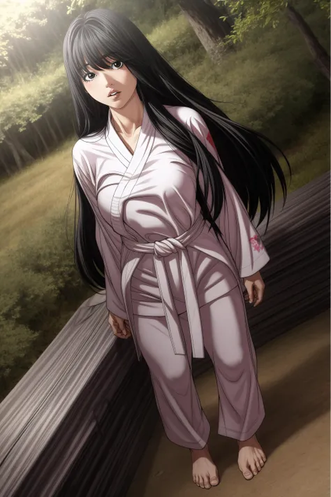 (masterpiece, best quality), <lora:kim sujin-lora-Faxtron:0.8> kim sujin, black eyes, black hair, long hair, medium breasts, white judogi, long sleeves, barefoot, standing, 
<lora:add_detail:0.8>