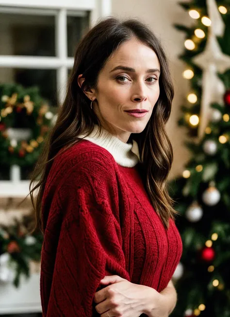 RAW photo of abigailspencer-ti, natural lighting, 8k uhd, dslr, high quality, film grain, Fujifilm XT3, <lora:add_detail:0.7> by William Eggleston, (christmas clothing)