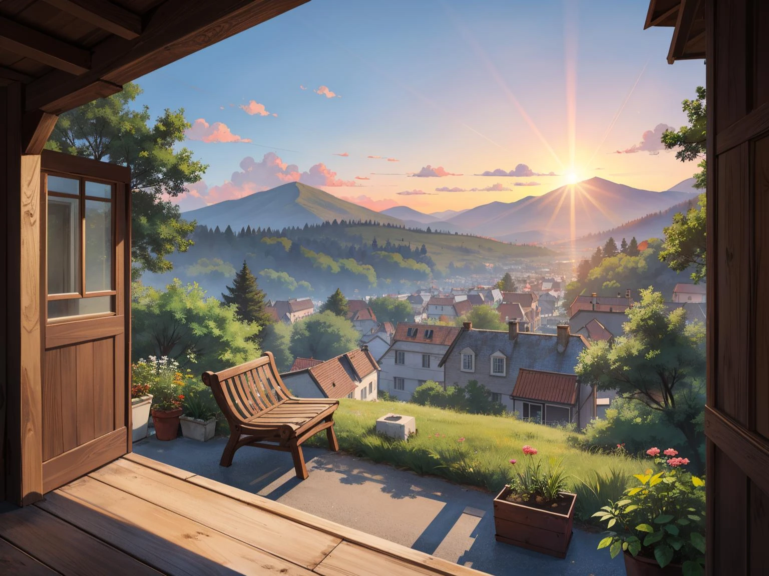 (masterpiece:1.5), (((top quality, best quality, high quality))), ((intricately detailed, ultra-detailed, insanely detailed)), highres, 32K, extremely detailed unity CG 8K wallpaper, (beautiful and aesthetic:1.2), (((award-winning))), professional illustration, official art, large size image, fine intricate details,
An illustration of an old rustic countryside town, the sun is peeping out behind the mountainous valley faraway creating a magnificent landscape and a nostalgic atmosphere.