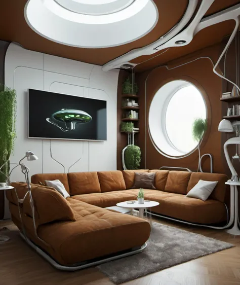 , <lora:DonMG414XL:1> ,scifi, tech, futuristic,        girlish living room, small room, Two-person sofa, plan of a house, brown  sofa, white wall,