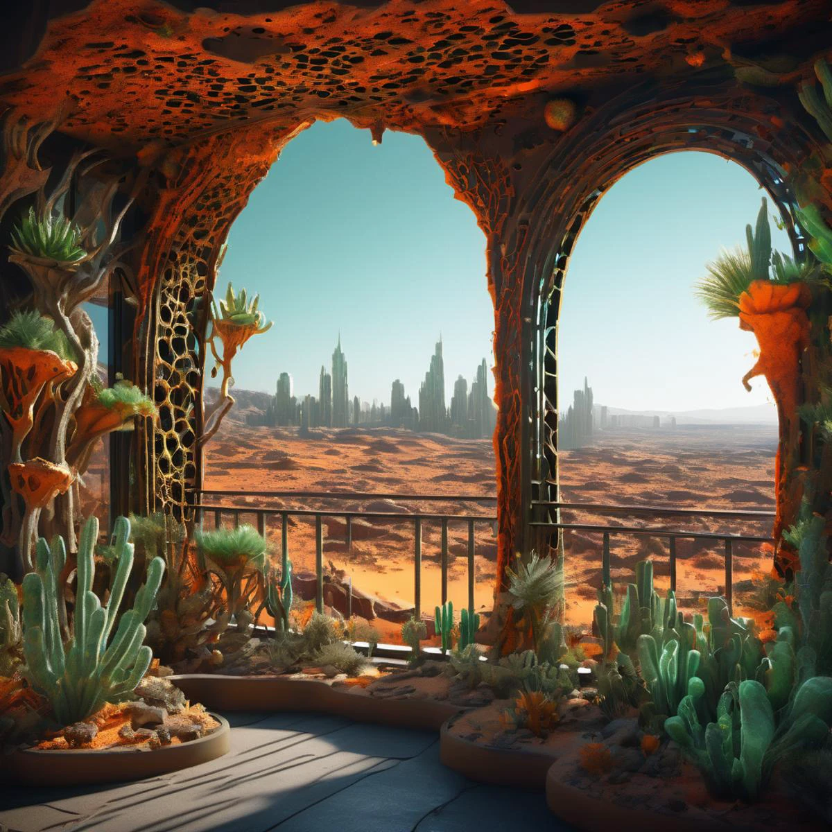 ((best quality)), ((masterpiece)), ((realistic,digital art)), (hyper detailed),DonMG414XL Desert Balcony,City Siren,Casement Window,Cave, octane rendering, raytracing, volumetric lighting, Backlit,Rim Lighting, 8K, HDR, <lora:DonMG414XL-000015:1.25>