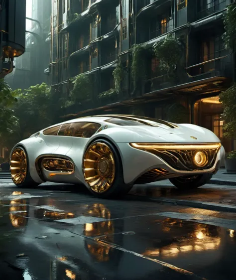 , <lora:DonMG414XL:1> ,scifi, tech, futuristic,        white and brass science fiction hovering industrial luxury car by a downtown hotel, science fiction, night time, volumetric light, dutch angle, cinematic angle