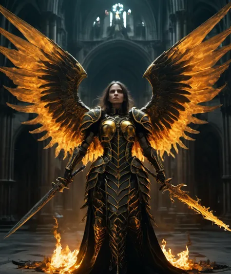 , <lora:DonMG414XL:1> ,eerie, stygical, gloomy, decay,        epic female warrior on fire ablaze in black and gold armor with angel wings, horror christian cathedral, nighttime, dungeons and dragons,