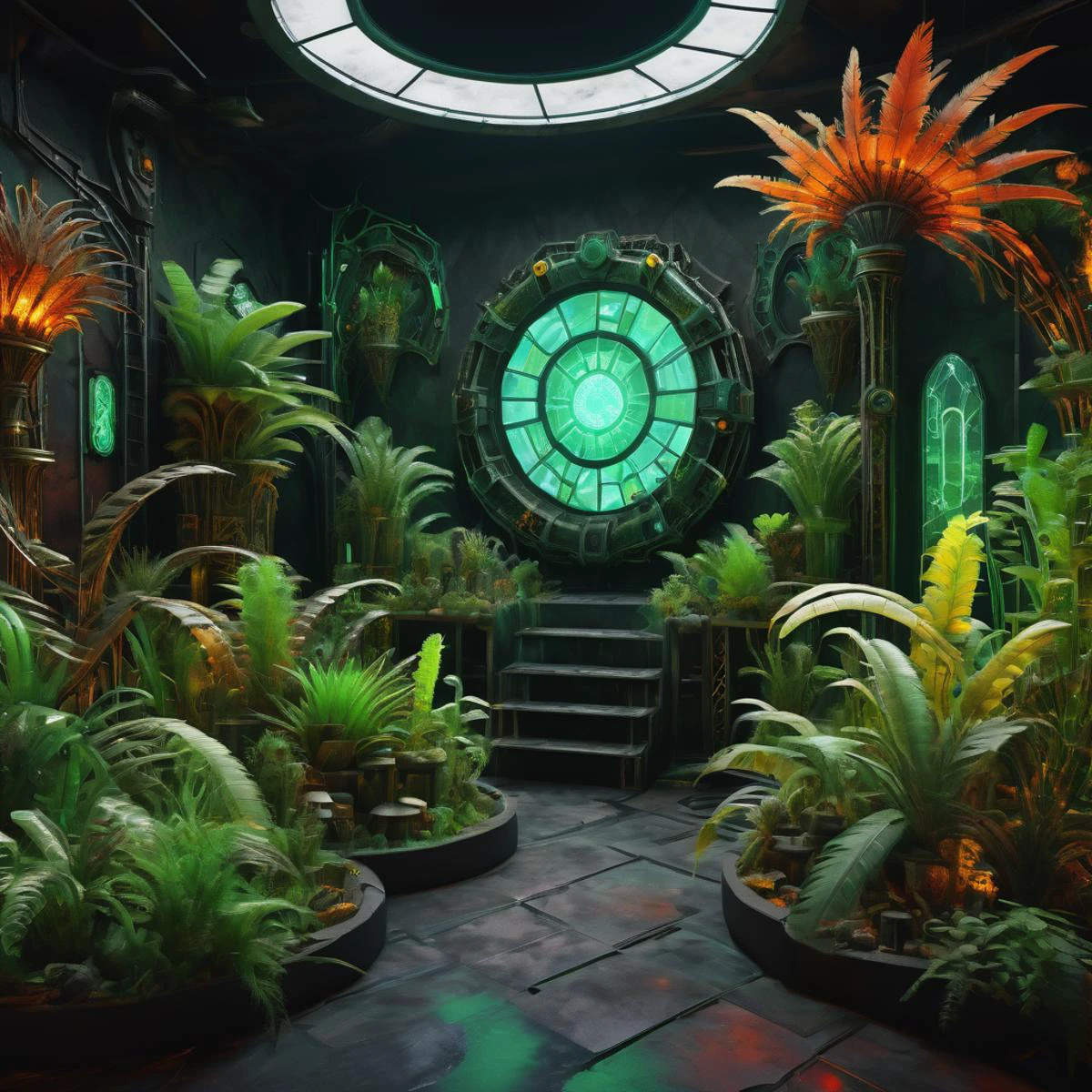 ((best quality)), ((masterpiece)), ((realistic,digital art)), (hyper detailed),DonMG414XL Immersive Cyberpunk Theater, Griffin Feather,Valuable Artwork,Magic Mirror,Indoor Plants,Jeweled Crown, Basalt stone and Kilim Weave tapestry, Algae Bioreactors for Lighting, Rope Lights, Biopunk, octane rendering, raytracing, volumetric lighting, Backlit,Rim Lighting, 8K, HDR, <lora:DonMG414XL-000015:1>