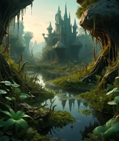 , <lora:DonMG414XL:1> magical, whimsical, fairytale, fantasy,,        swamp valley surrounded by high rocky cliffs, dawn,