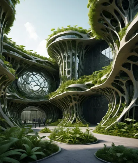 , <lora:DonMG414XL:1> ,biomorphic, Biomimetic, botanical, Office Buildings, Conglomerate stone, science fiction, building, architecture