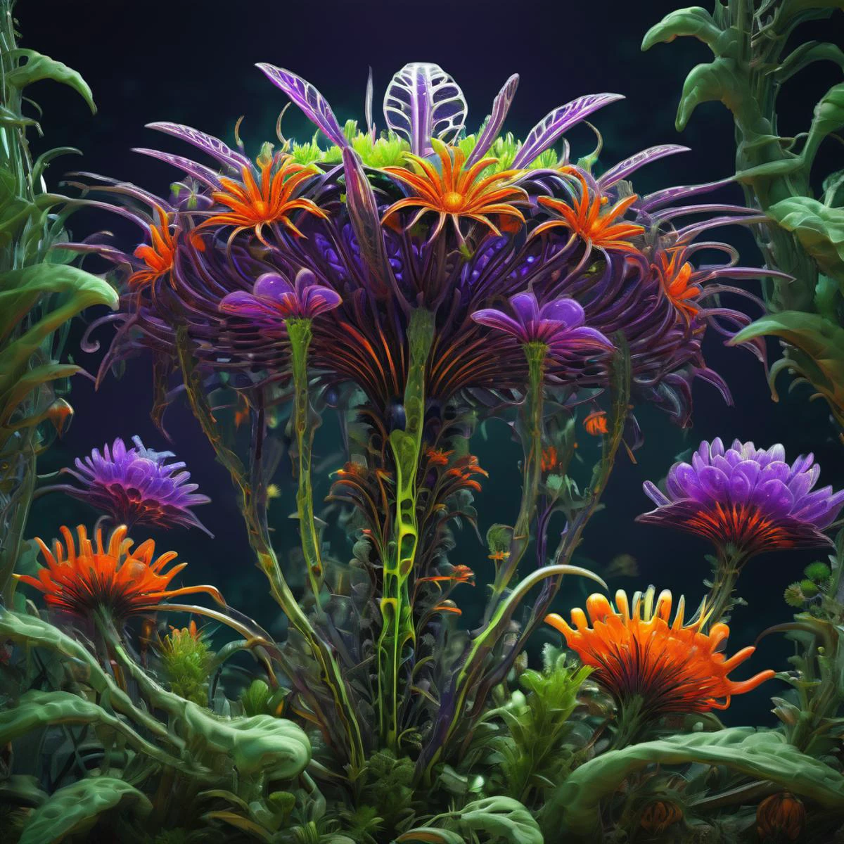 ((best quality)), ((masterpiece)), ((realistic,digital art)), (hyper detailed),DonMG414XL Colossal Colorful Decumbent Obovate plant,   RoyalPurple Compound Umbel Calyx flower, Papilionaceous,    , octane rendering, raytracing, volumetric lighting, Backlit,Rim Lighting, 8K, HDR,   <lora:DonMG414XL-000015:1>