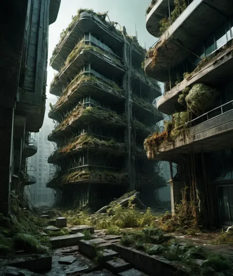 , <lora:DonMG414XL:1> ,eerie, stygical, gloomy, decay, Office Buildings, Conglomerate stone, science fiction, building, architecture