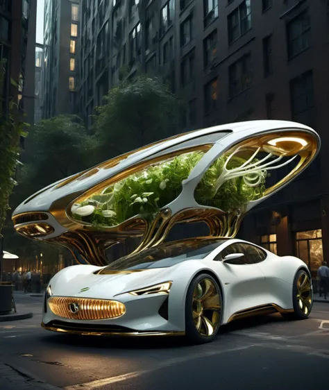 , <lora:DonMG414XL:1> ,biomorphic, Biomimetic, botanical, white and brass science fiction hovering industrial luxury car by a downtown hotel, science fiction, night time, volumetric light, dutch angle, cinematic angle