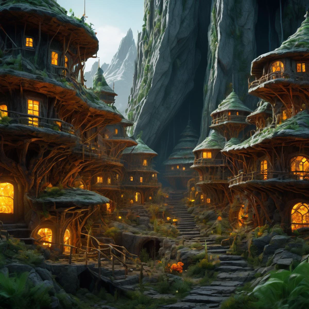 ((best quality)), ((masterpiece)), ((realistic,digital art)), (hyper detailed),DonMG414XL Mountain Village, octane rendering, raytracing, volumetric lighting, Backlit,Rim Lighting, 8K, HDR, <lora:DonMG414XL-000015:0.9>