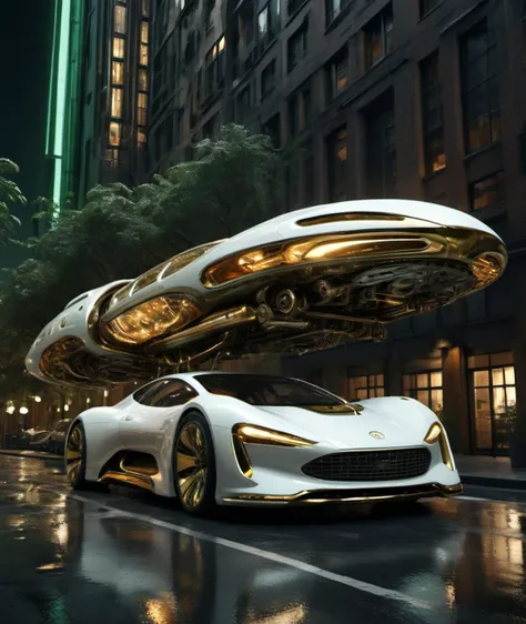 , <lora:DonMG414XL:1> , white and brass science fiction hovering industrial luxury car by a downtown hotel, science fiction, night time, volumetric light, dutch angle, cinematic angle