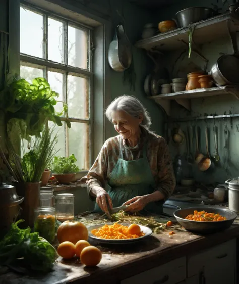 , <lora:DonMG414XL:1> ,eerie, stygical, gloomy, decay, A highly detailed mother in her kitchen preparing meal, window sunny day, happy, smiling,