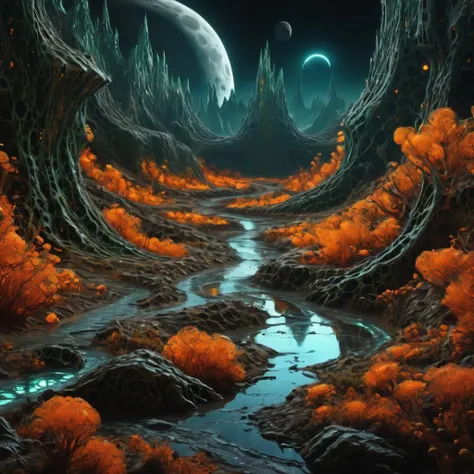 ((best quality)), ((masterpiece)), ((realistic,digital art)), (hyper detailed),DonMG414XL Valleys Prophecy,Murmuring Streams,Lunar Surface, octane rendering, raytracing, volumetric lighting, Backlit,Rim Lighting, 8K, HDR, <lora:DonMG414XL-000015:1>