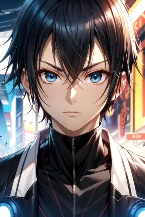 masterpiece, best quality, movie still, 1boy, solo, male focus, looking at viewer, , depth of field, anime coloring, , <lora:kamito_kazehaya:0.66>, kamito_kazehaya, black hair, blue eyes, king costume, science fiction cyber-noir, 12k resolution