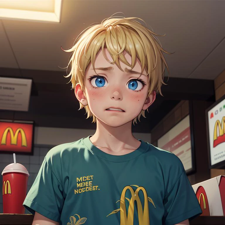 , <lora:l_pld_pearsbd2n_sd_64_32:0.9> pleading expression, blonde hair, male, cinematic, chiaroscuro, mcdonalds, bright green print shirt, blue eyes