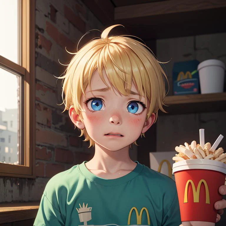 , <lora:l_pld_pearsbd2n_sd_64_32:0.9> pleading expression, blonde hair, male, cinematic, chiaroscuro, mcdonalds, bright green print shirt, blue eyes