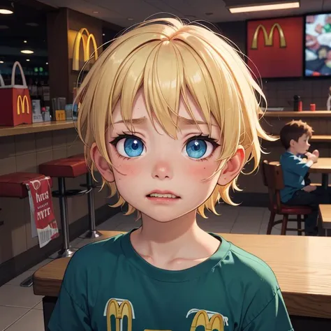 little boy, <lora:l_pld_pearsbd2n_sd_64_32:0.9> pleading expression, blonde hair, male, cinematic, chiaroscuro, mcdonalds, bright green print shirt, blue eyes