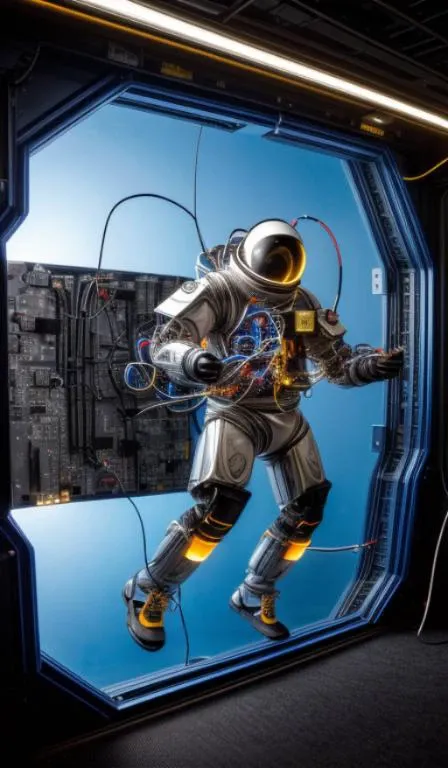 <lora:ZeroG:1>, ZEROG,VERTICALG,LOATING HAIR,loating wires,HORIZONTALG,Cyborg512 Tay512, electronics, motors, wires, buttons, lcd <lora:add_detail:2>