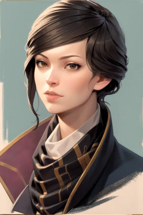 masterpiece, best quality, 1girl, ekaldwin, closeup, brown eyes, black short hair, scarf, portrait, painting, traditional media <lora:EmilyKaldwin:1>