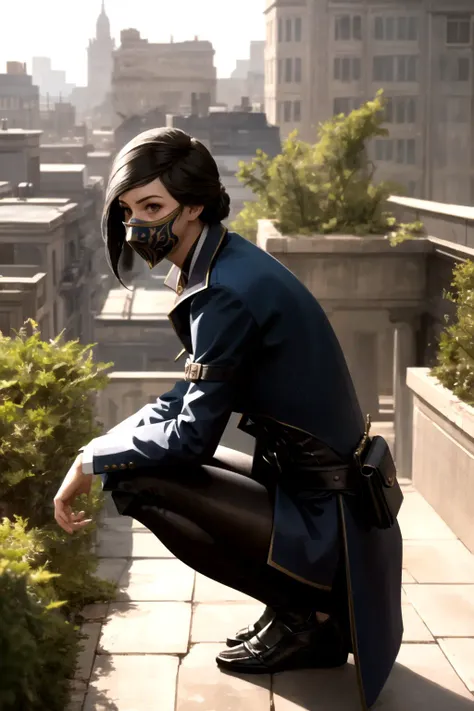 masterpiece, best quality, 1girl, ekaldwin, squatting, coat, mask, looking away, outdoors, realistic, view from side, victorian steampunk, building rooftop background <lora:EmilyKaldwin:1>