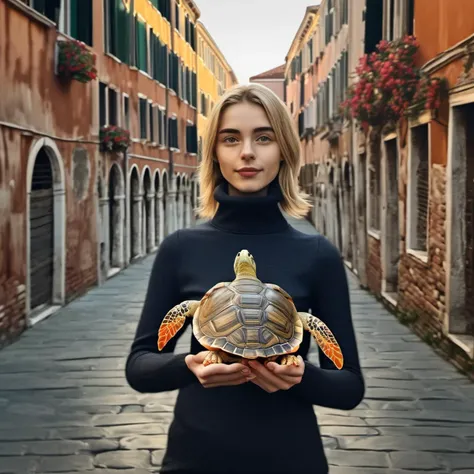 <lora:kienanshipka_xl_lora_20:1> kienanshipka a woman, taking a selfie, wearing a turtle neck, Venice, full body modern, highly detailed, perfect composition, light atmosphere, evening light, clear eyes, clear face, intricately detailed, deep color,