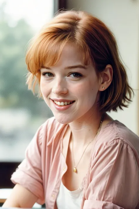 <lora:GoodHands-vanilla:1>, a girl sitting at a table for the camera, (m0lly), (smile, happy), short ginger hair, (looking at viewer:1.4), (80s style), american high school, pink shirt, ultra high quality, dynamic lighting, cinematic, (hyperrealism:1.2), (8K UHD:1.2), (photorealistic:1.2), analog style, soft lighting, heavy shadow, masterpiece, 8k, golden ratio, Intricate, high detail, film photography, soft focus <lora:add_detail:0.6>